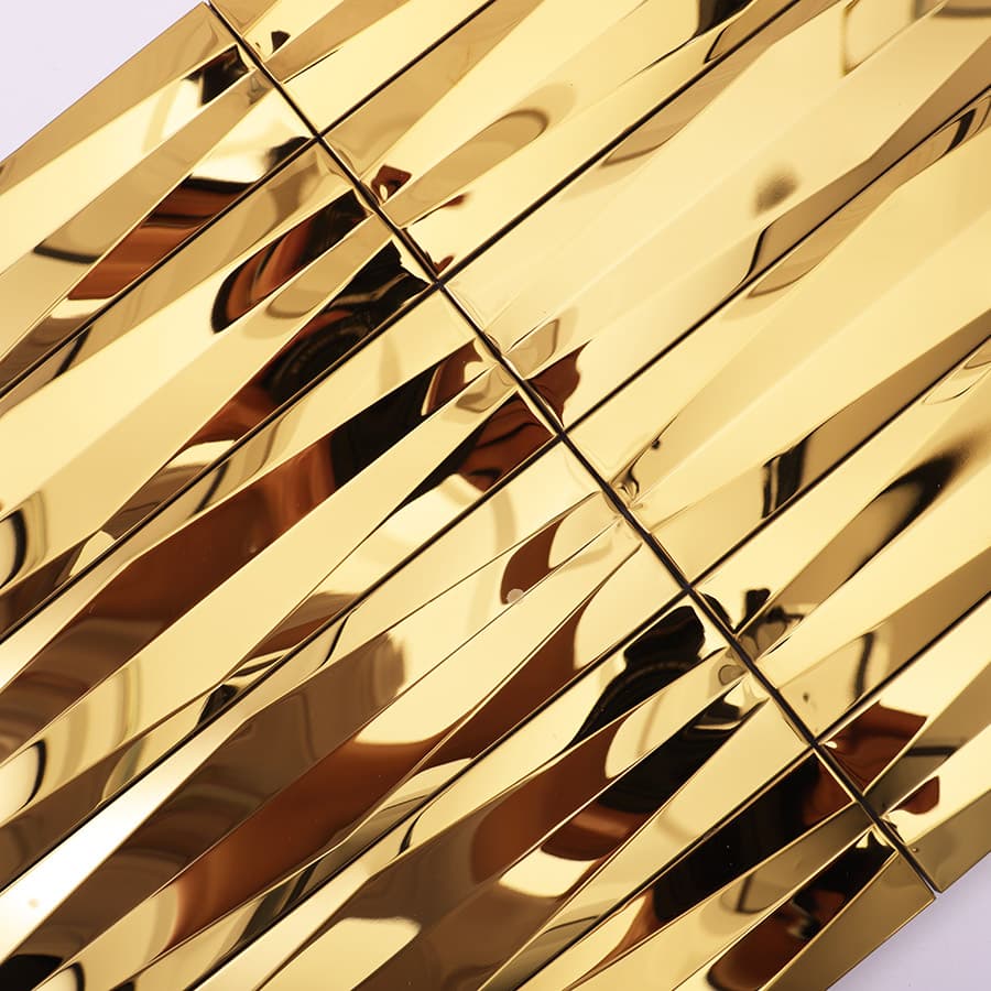 Glossy detail of gold stainless steel 3D wave strip mosaic tile