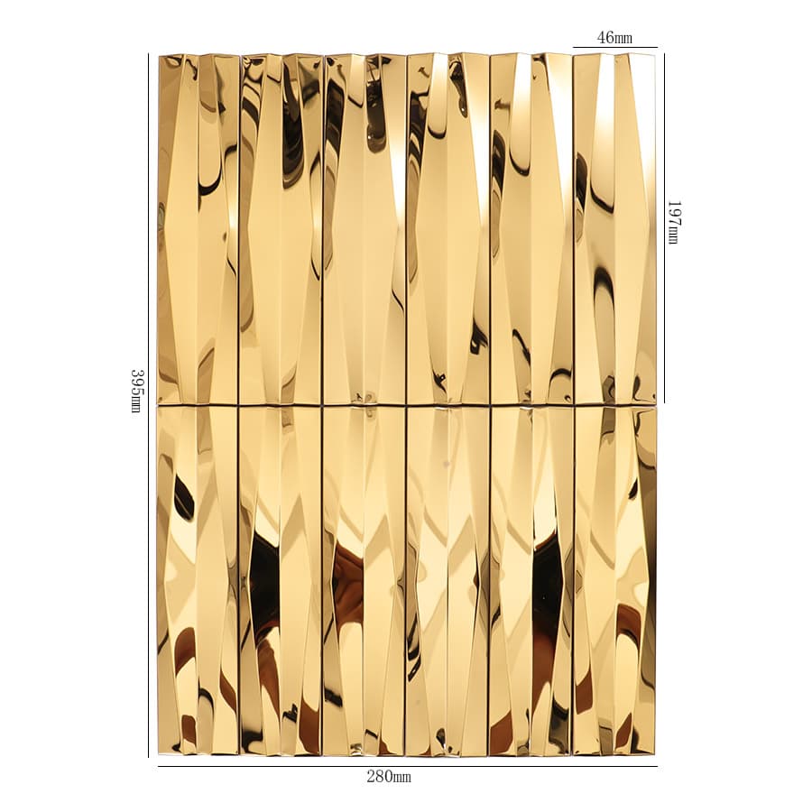 Gold stainless steel 3D wave strip mosaic tile with size measurements