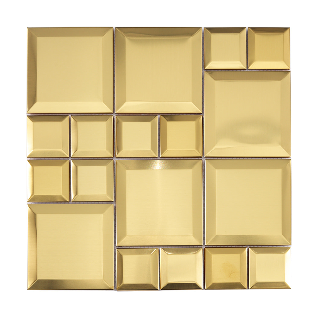 Front view of gold stainless steel beveled square mosaic tile with satin finish