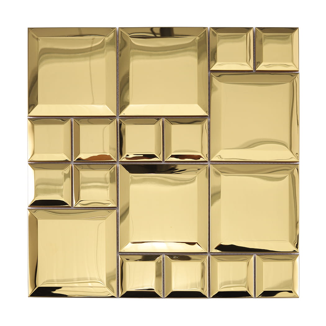 Front view of gold stainless steel beveled square mosaic tile with reflective surface