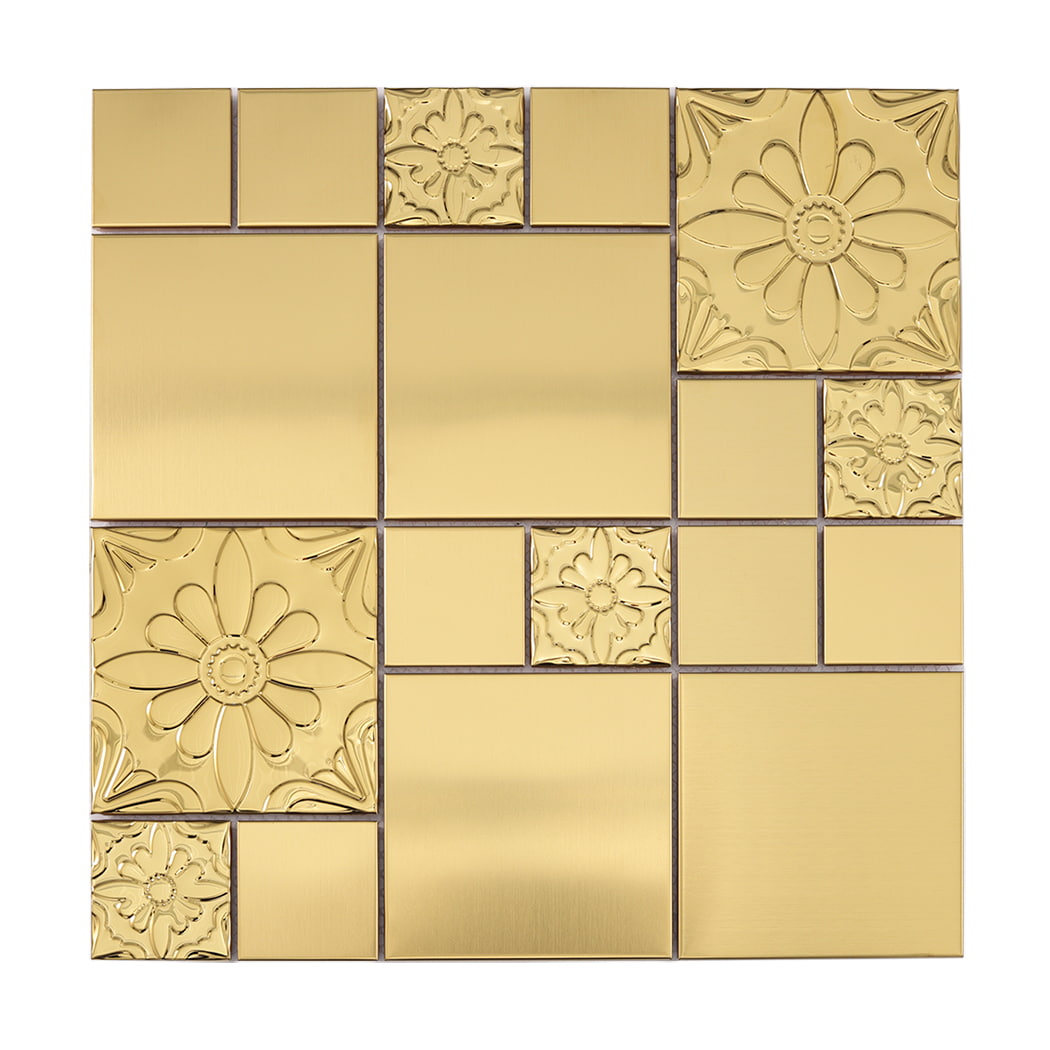 Full sheet of gold stainless steel mosaic tile with embossed floral patterns