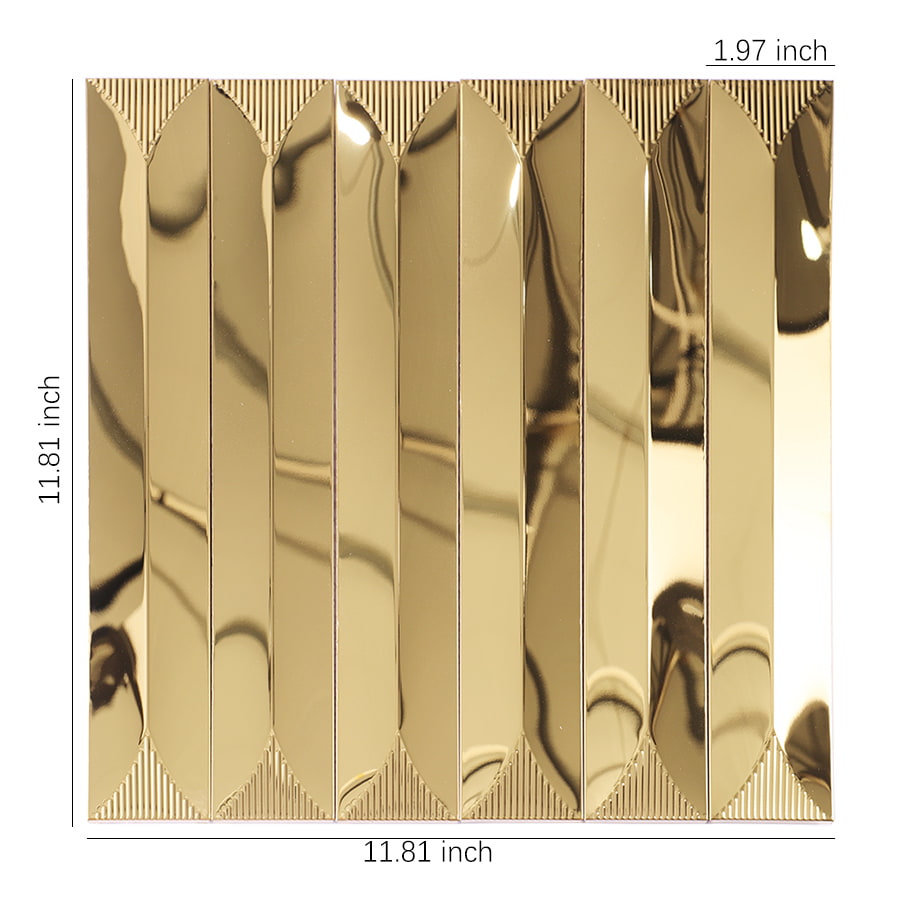 Gold stainless steel long picket strip tile with size dimensions labeled.