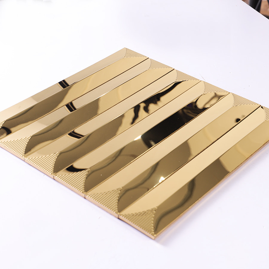 Perspective view of reflective gold strips with beveled long profiles.