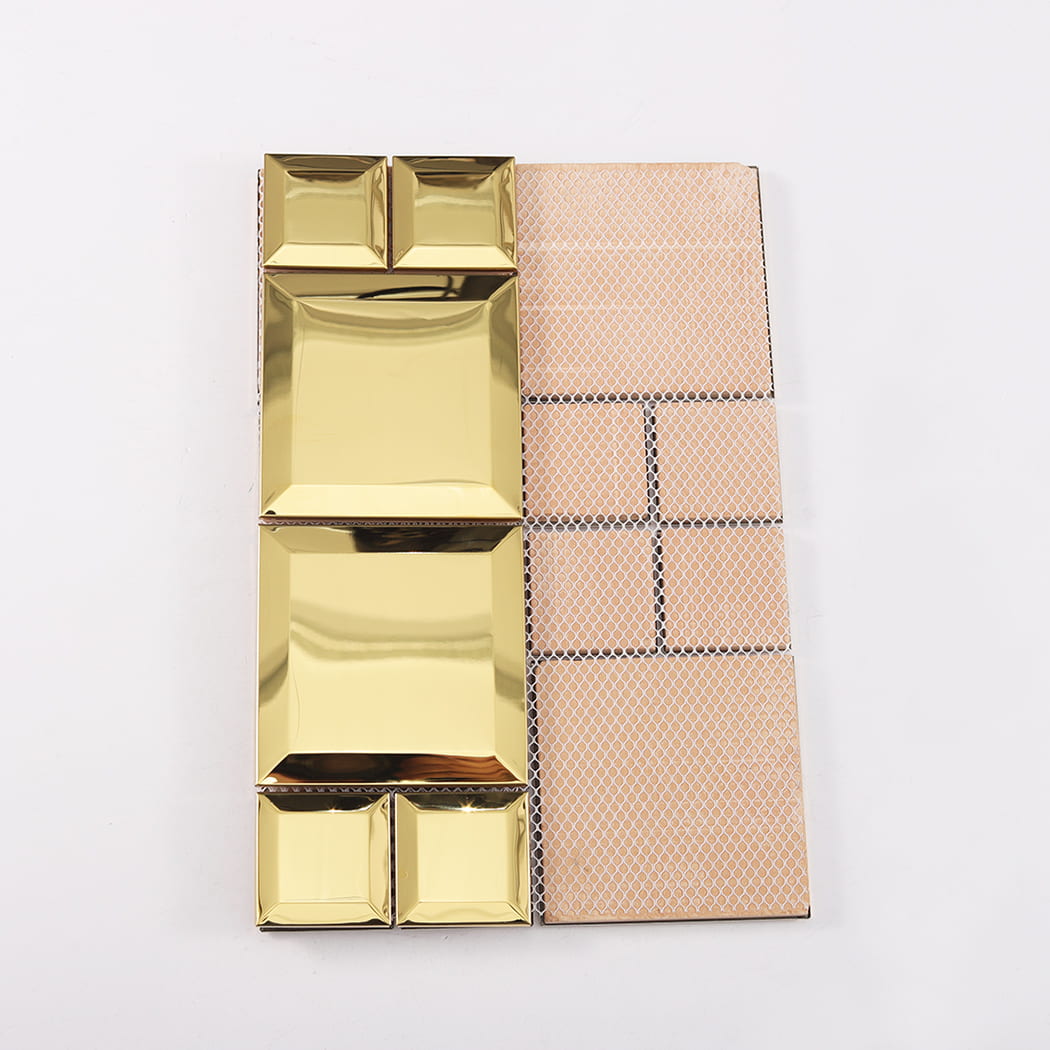 Back view of gold stainless steel mosaic tile with mesh backing structure