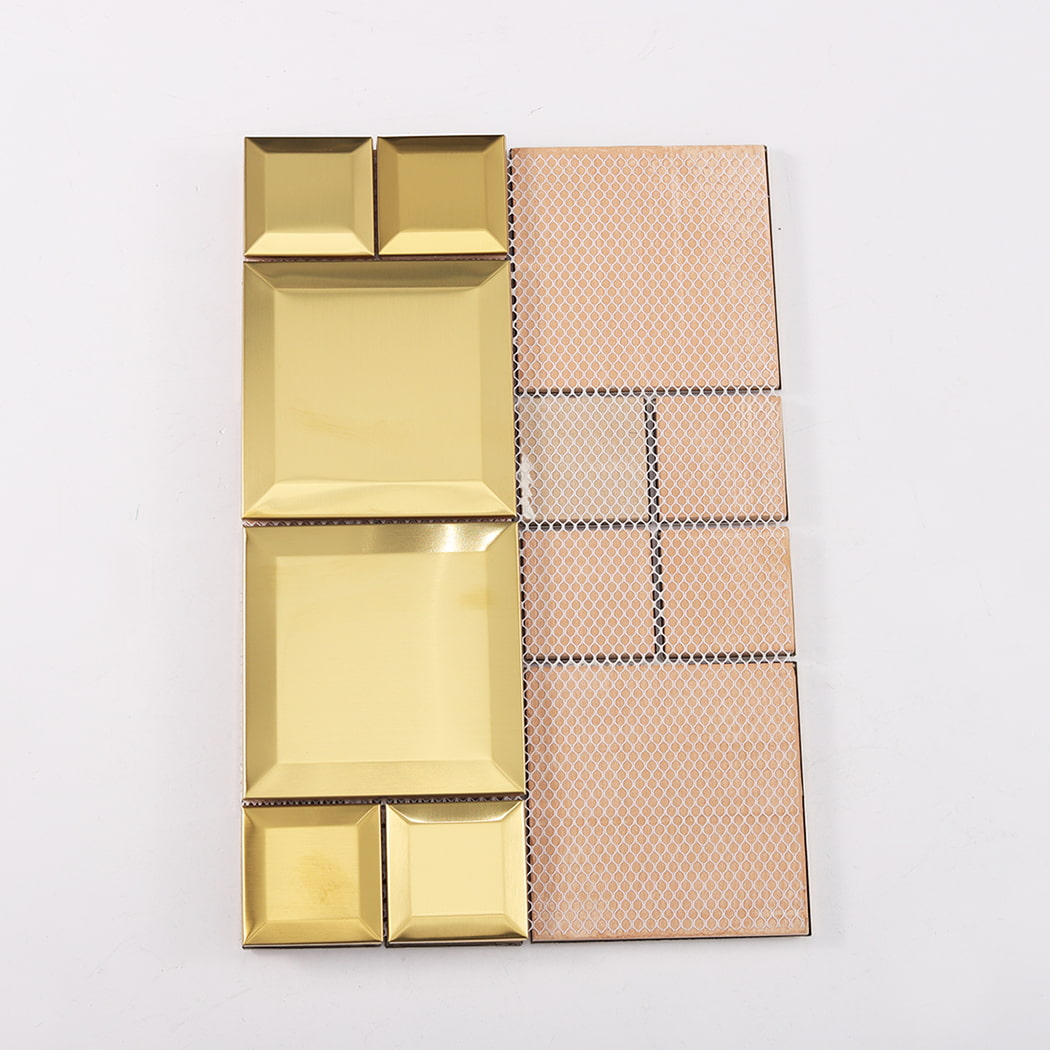 Back view of gold stainless steel mosaic tile with mesh backing system