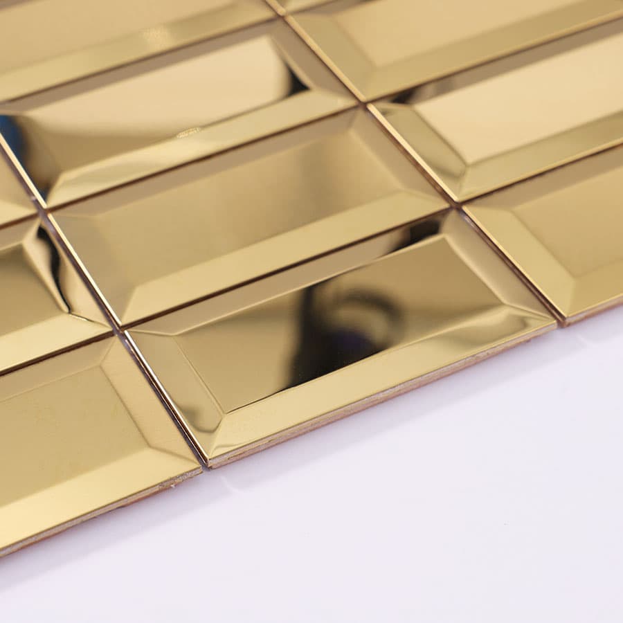 Edge view of gold stainless steel rectangular mosaic tile