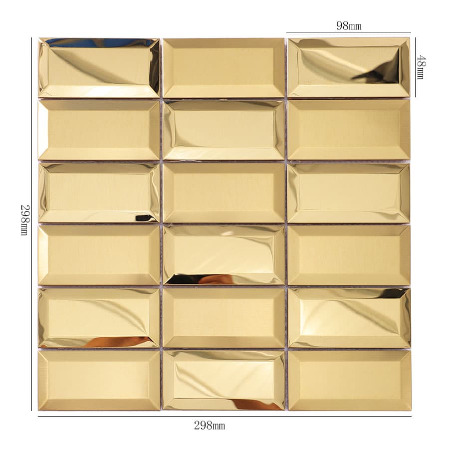 Gold stainless steel rectangular mosaic tile with size measurements