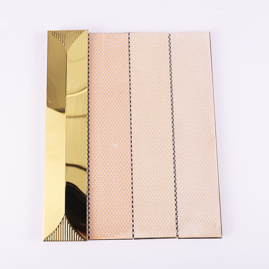Back side of gold metal tile showing mesh backing and structure