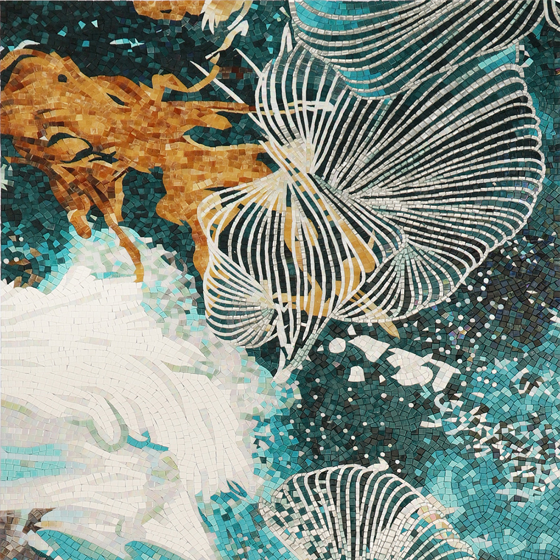 Handmade mosaic mural detail with golden accents and flowing white line patterns