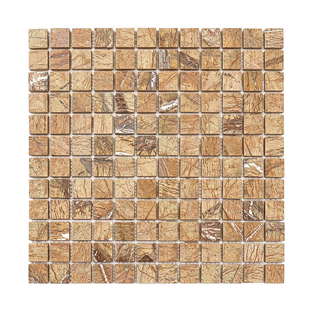 Front view of golden brown marble square mosaic tile sheet
