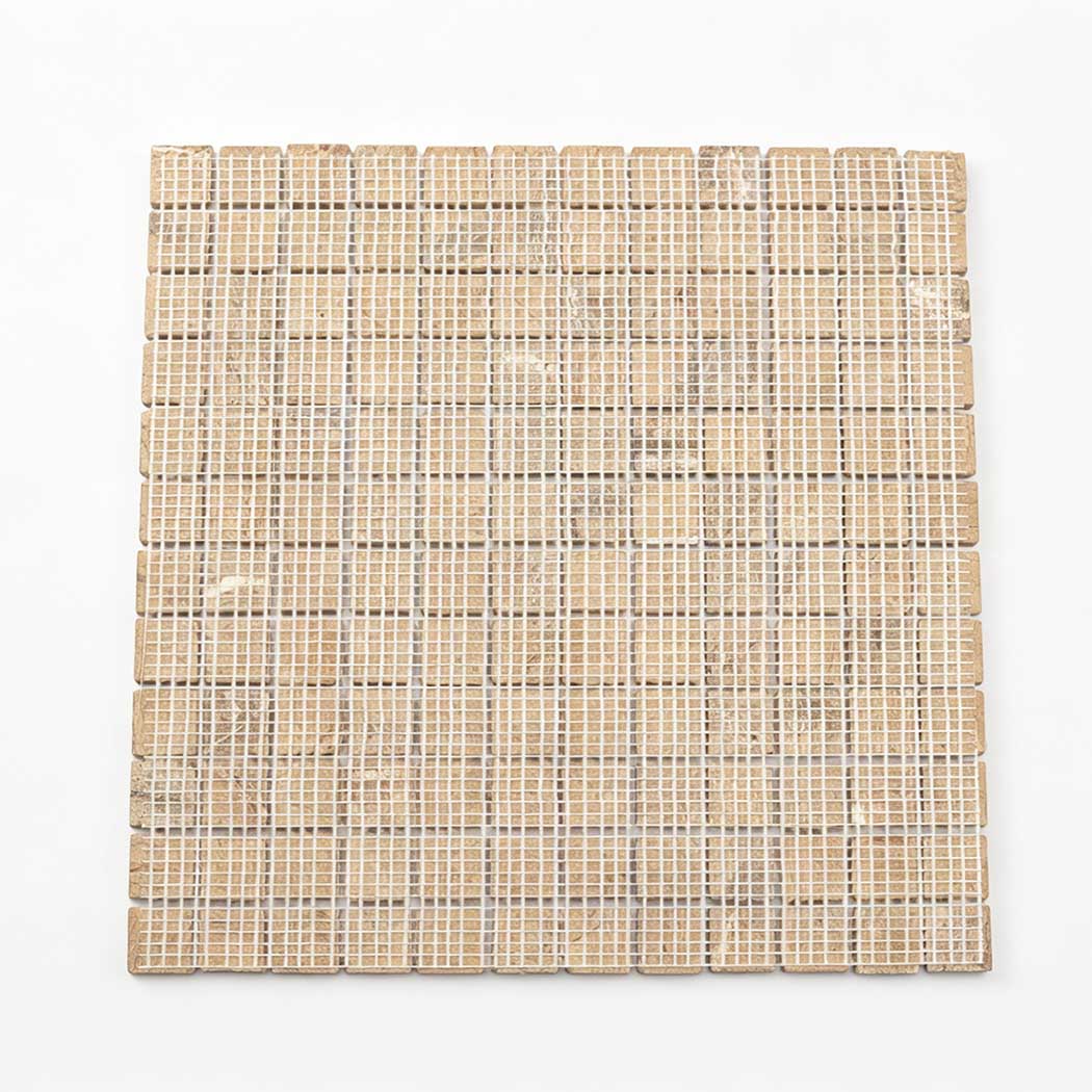 Mesh back view of golden brown marble square mosaic tile sheet