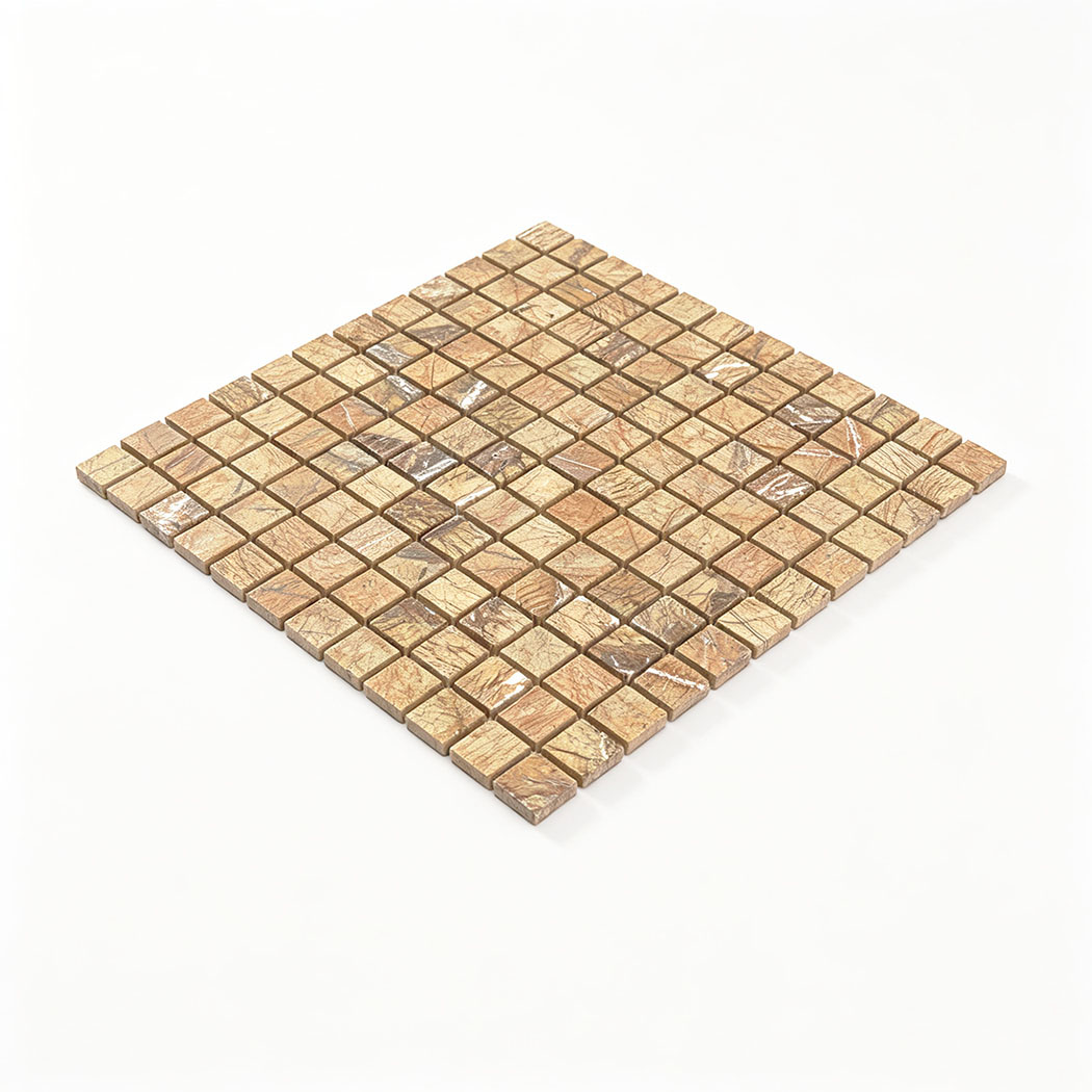 Angled full sheet view of golden brown marble square mosaic tile