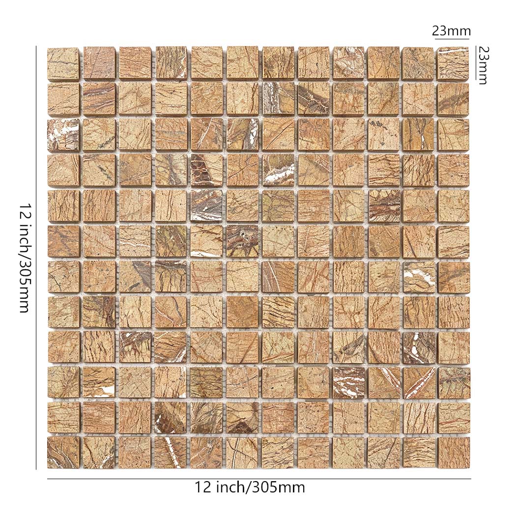 Golden brown marble square mosaic tile sheet with size details