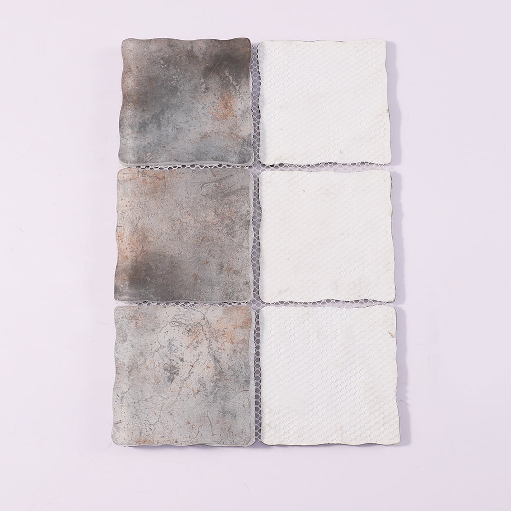 Back view of gray brown wavy square glass mosaic tiles with mesh backing