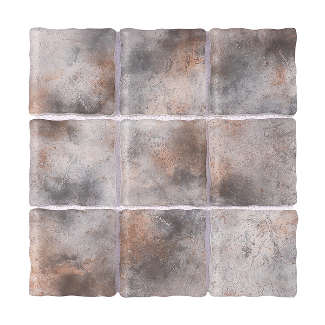Gray brown wavy square glass mosaic tile sheet with weathered texture