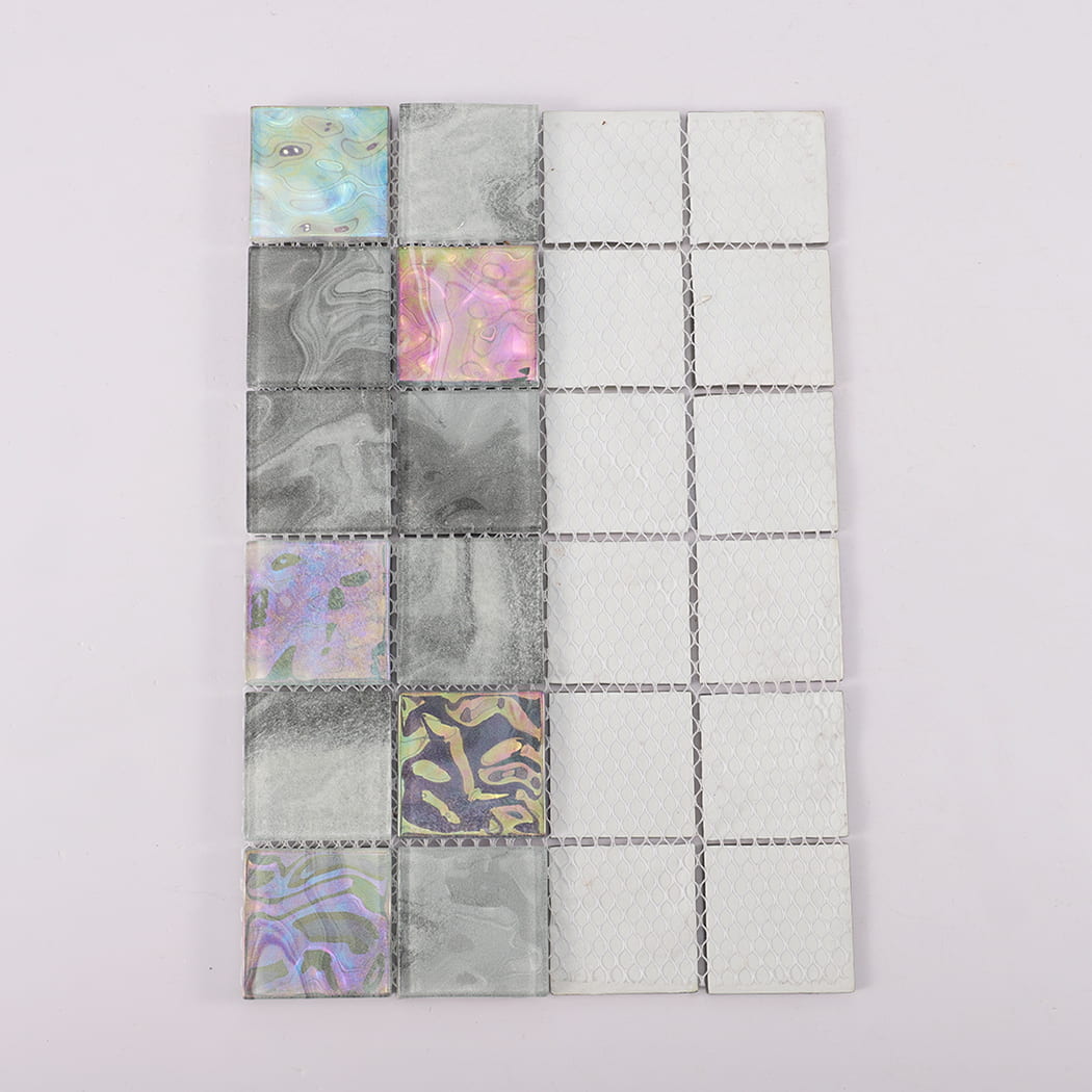 Back view of gray iridescent square glass mosaic tile sheet with mesh backing