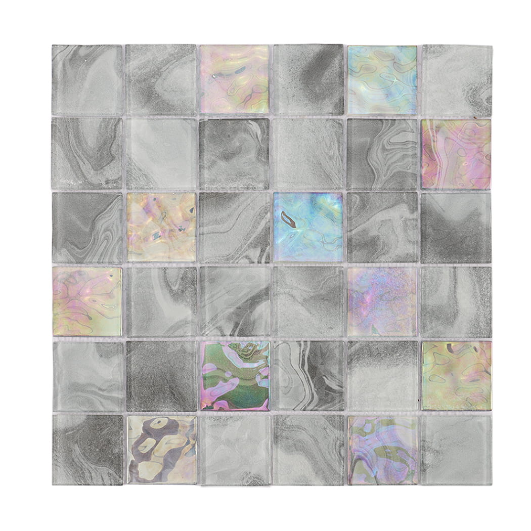 Gray square glass mosaic tile sheet with colorful iridescent accent pieces