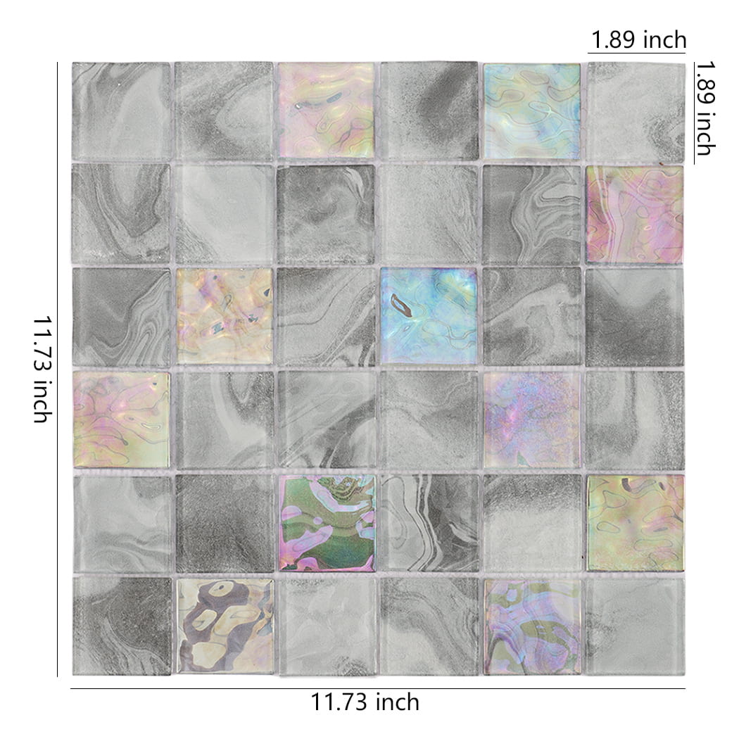 Gray iridescent square glass mosaic tile sheet measuring 11.73 x 11.73 inches
