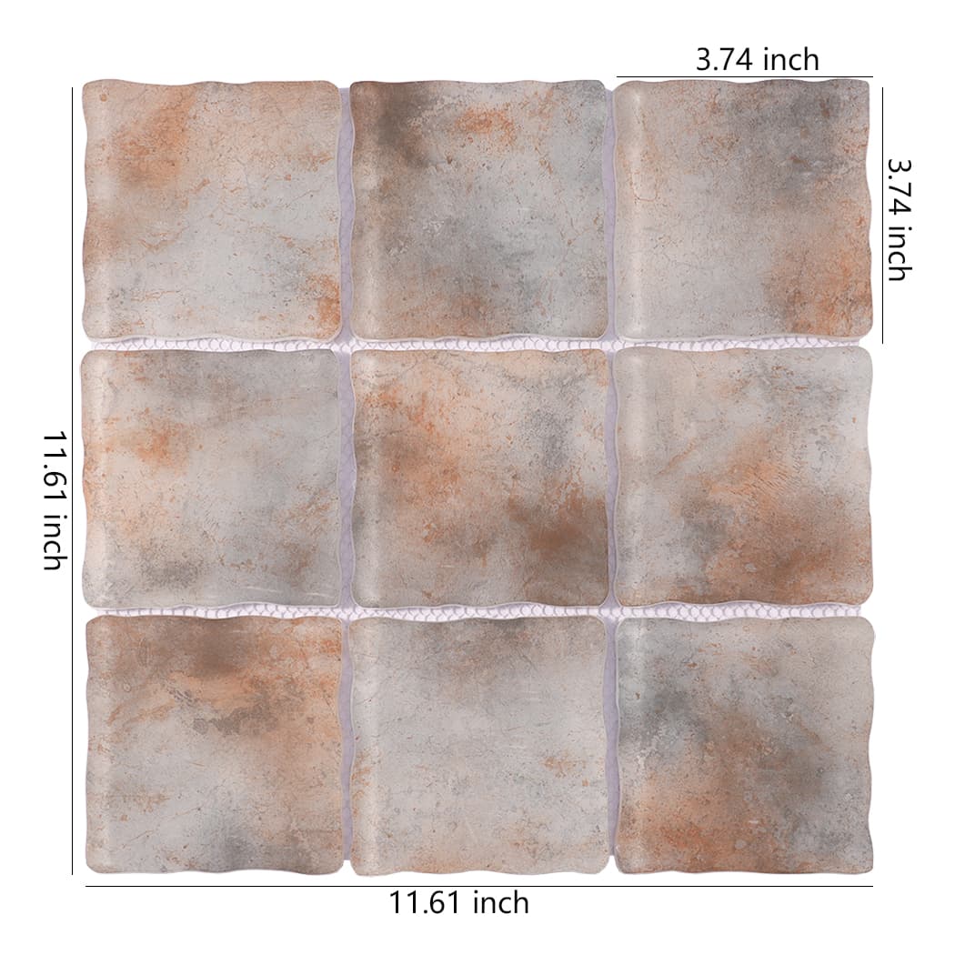 Gray rust orange wavy square glass mosaic tile sheet with 3.74 inch pieces
