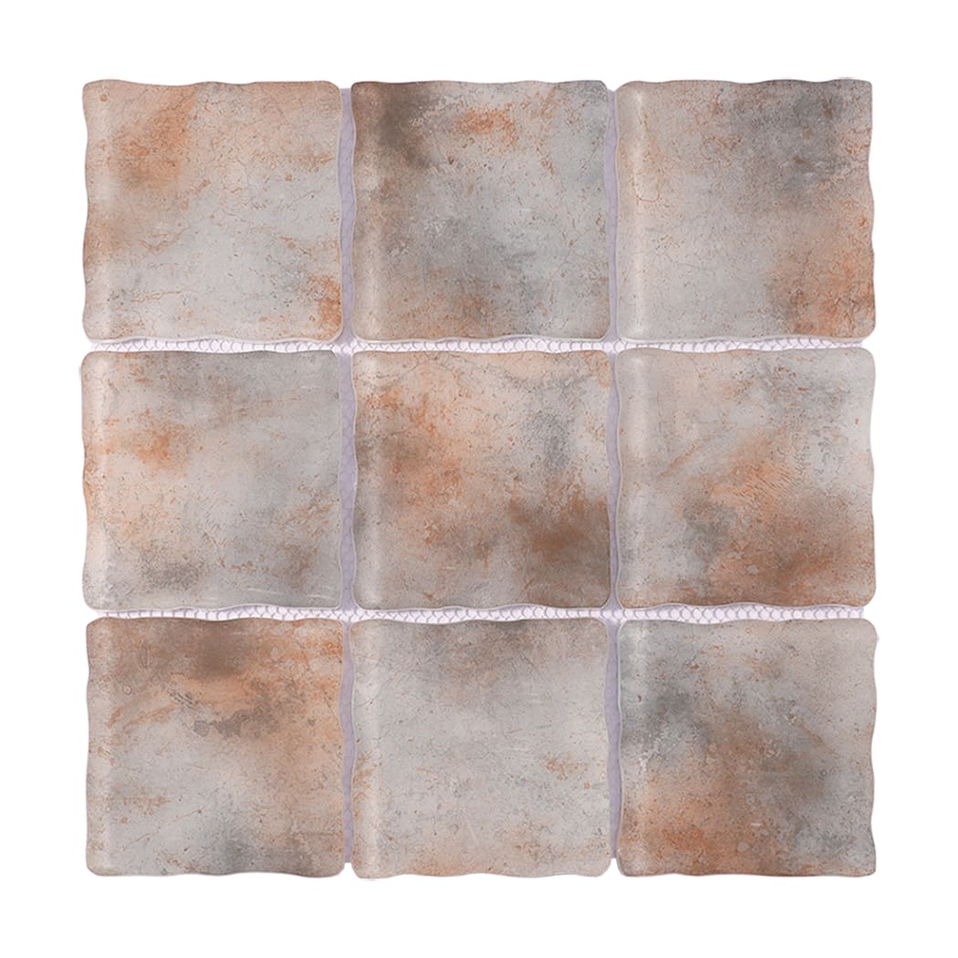 Gray rust orange wavy square glass mosaic tile sheet with weathered texture
