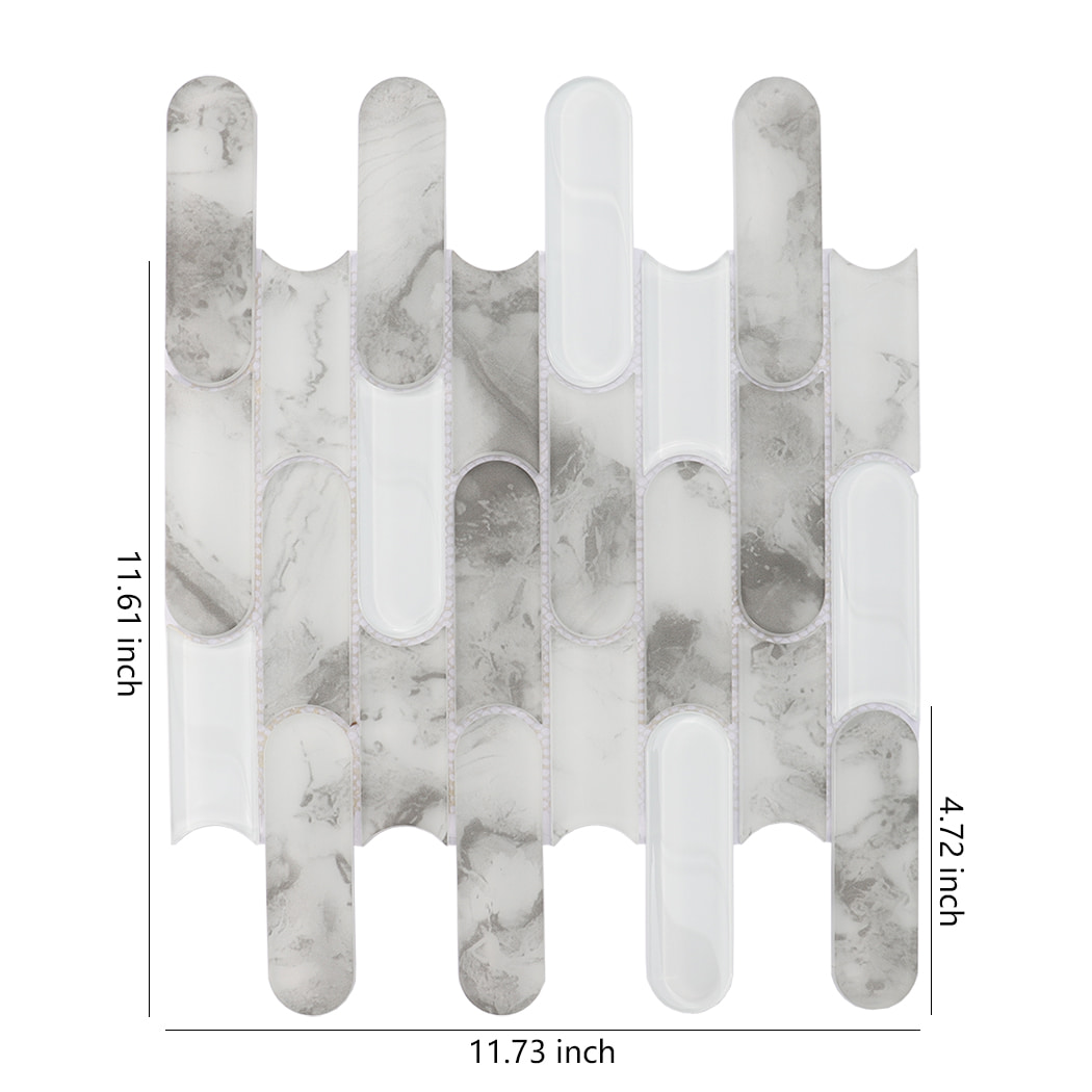 Gray marble and white glass scalloped linear mosaic tile with size dimensions