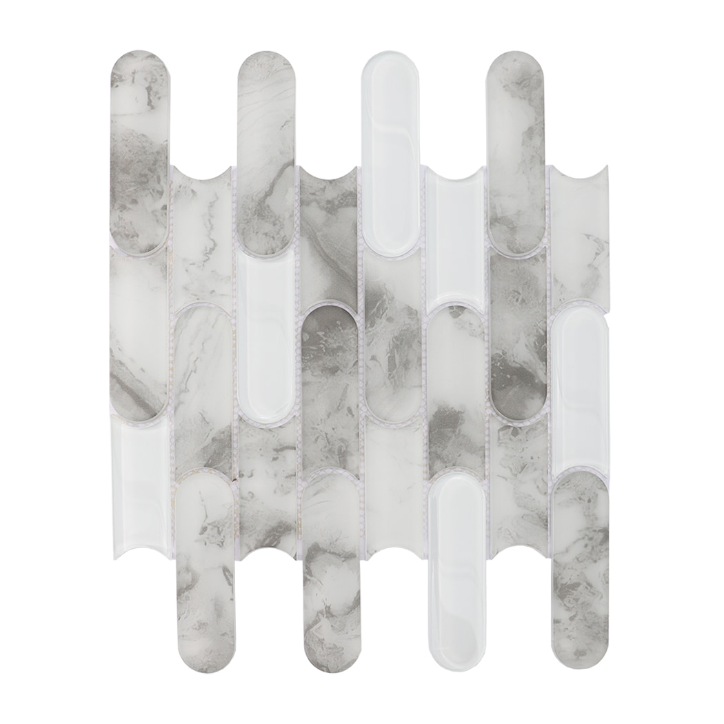 Gray marble and white glass scalloped linear mosaic tile sheet on white background