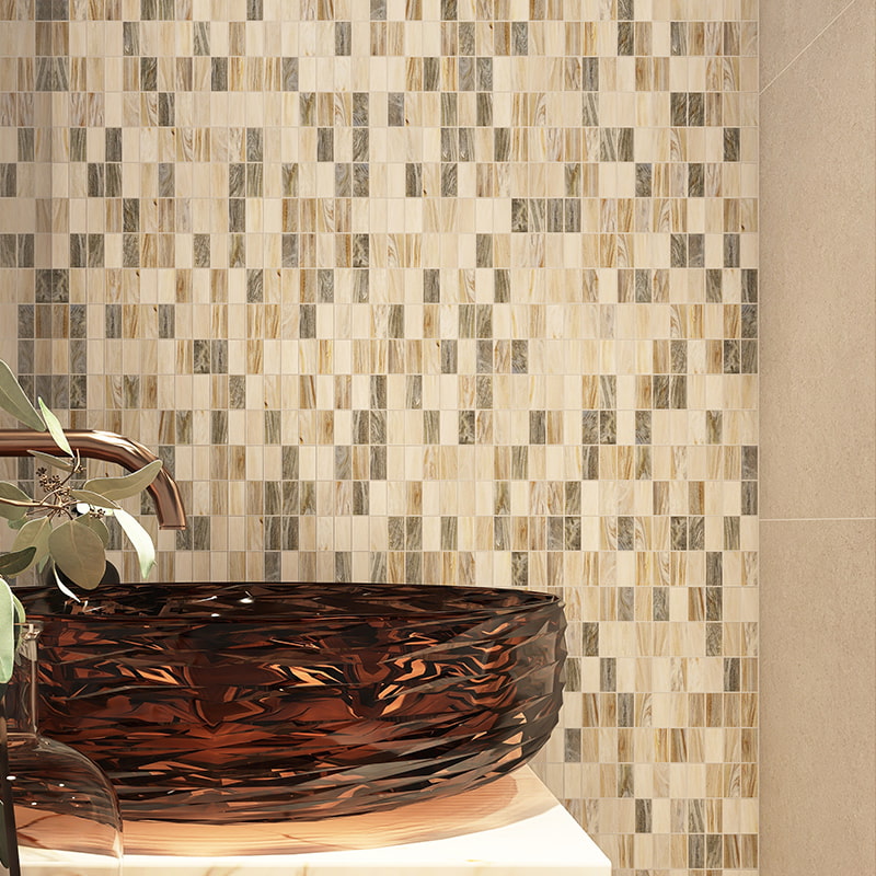 Gray beige mosaic tile wall with a mix of light and dark tones, perfect for modern interiors.