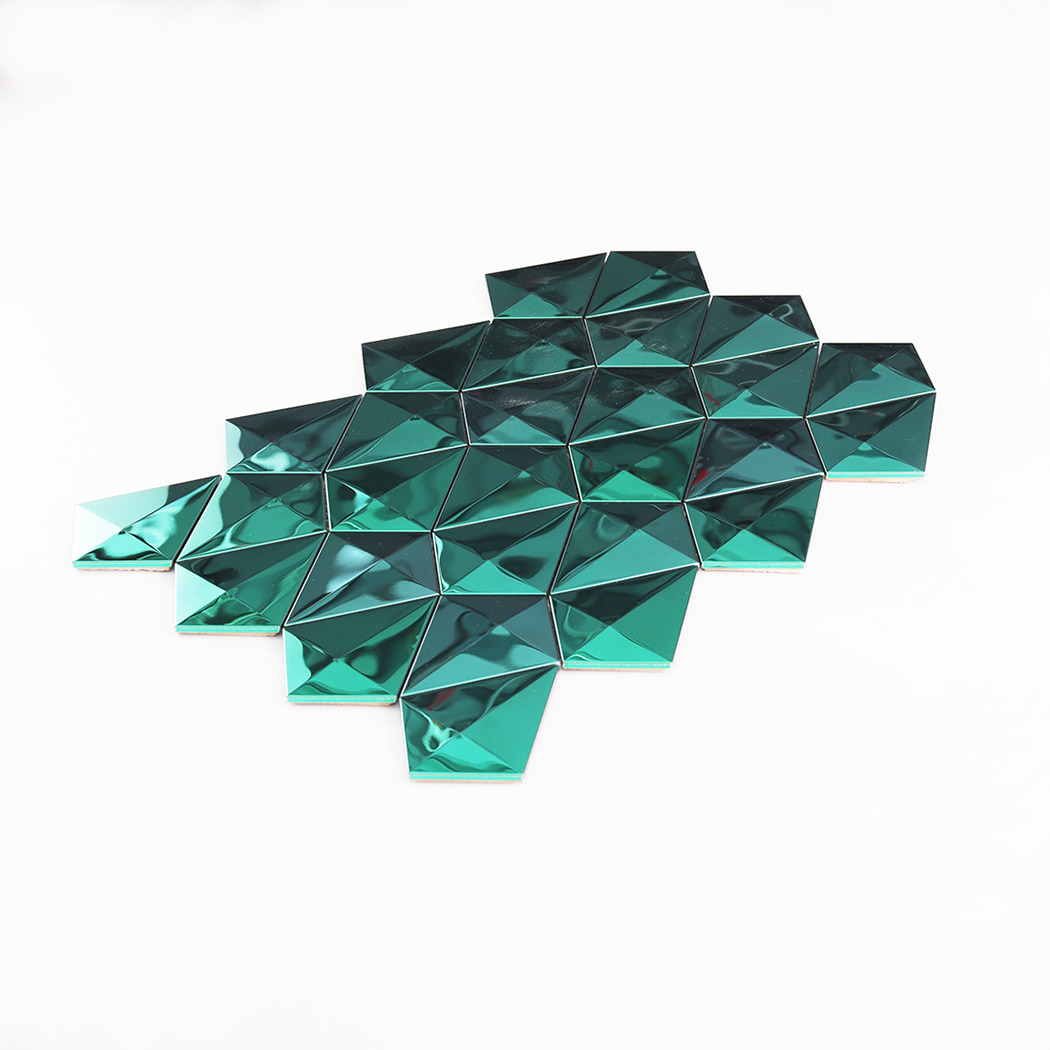 Angled view of green diamond mirror stainless steel mosaic tile sheet