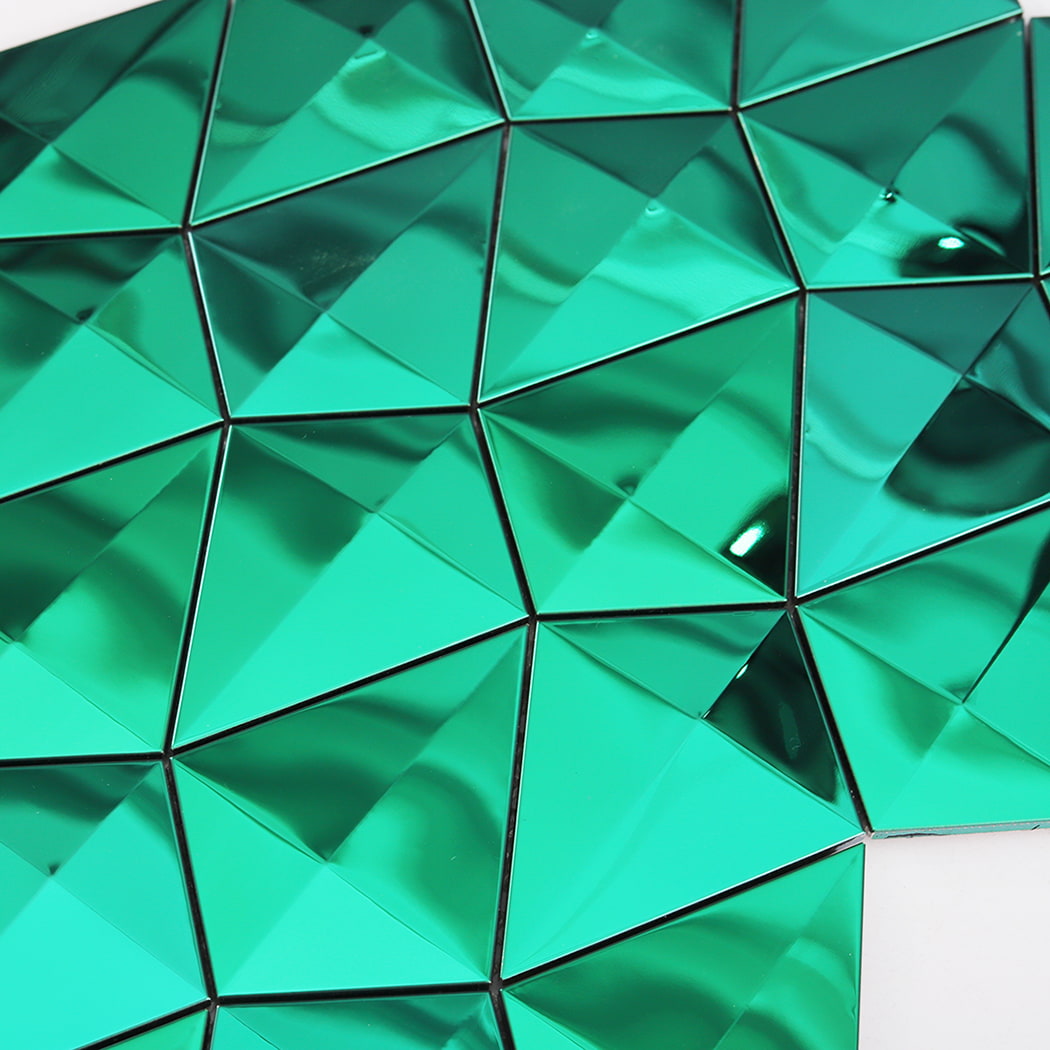 Reflective diamond pattern on green stainless steel mosaic tile surface