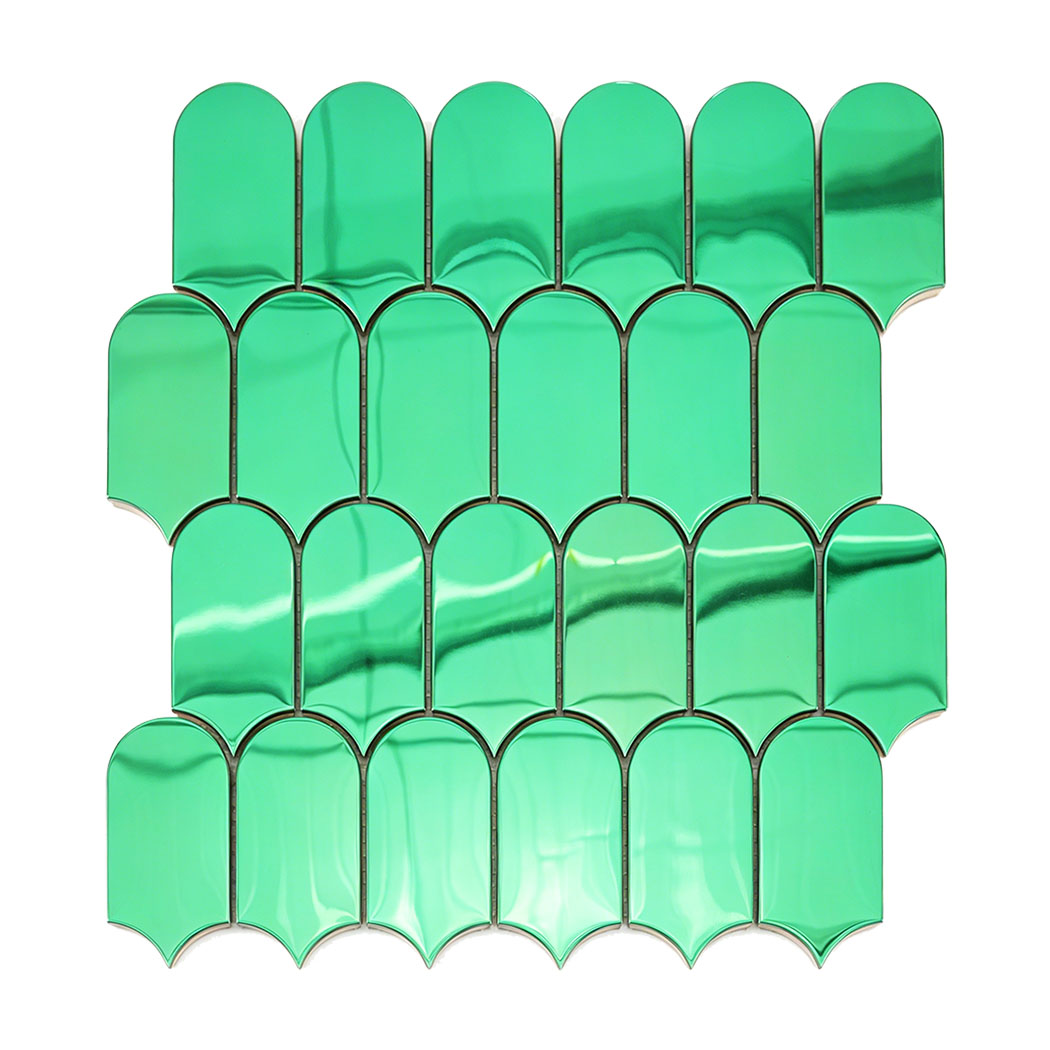 Green arch metal mosaic tile sheet with glossy mirror finish on white background