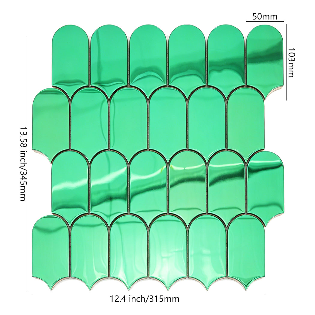 Green arch metal mosaic tile sheet with 50mm by 103mm chip size display