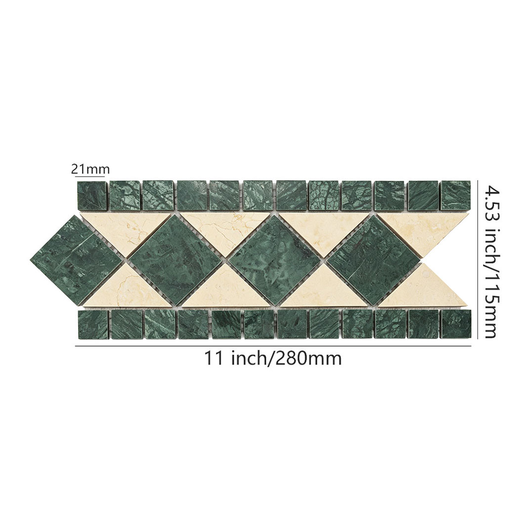 Green and cream marble geometric mosaic border tile with size details
