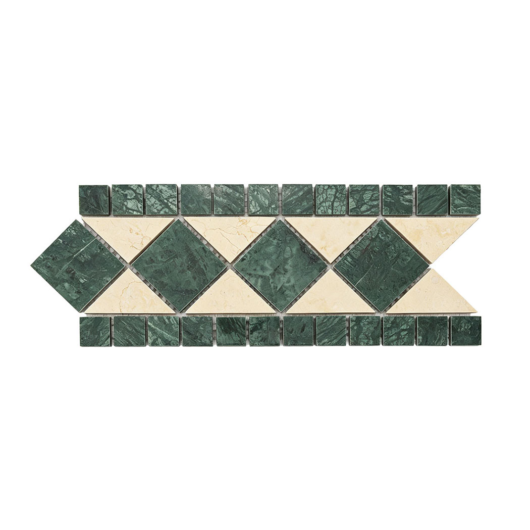 Front view of green and cream marble geometric mosaic border tile
