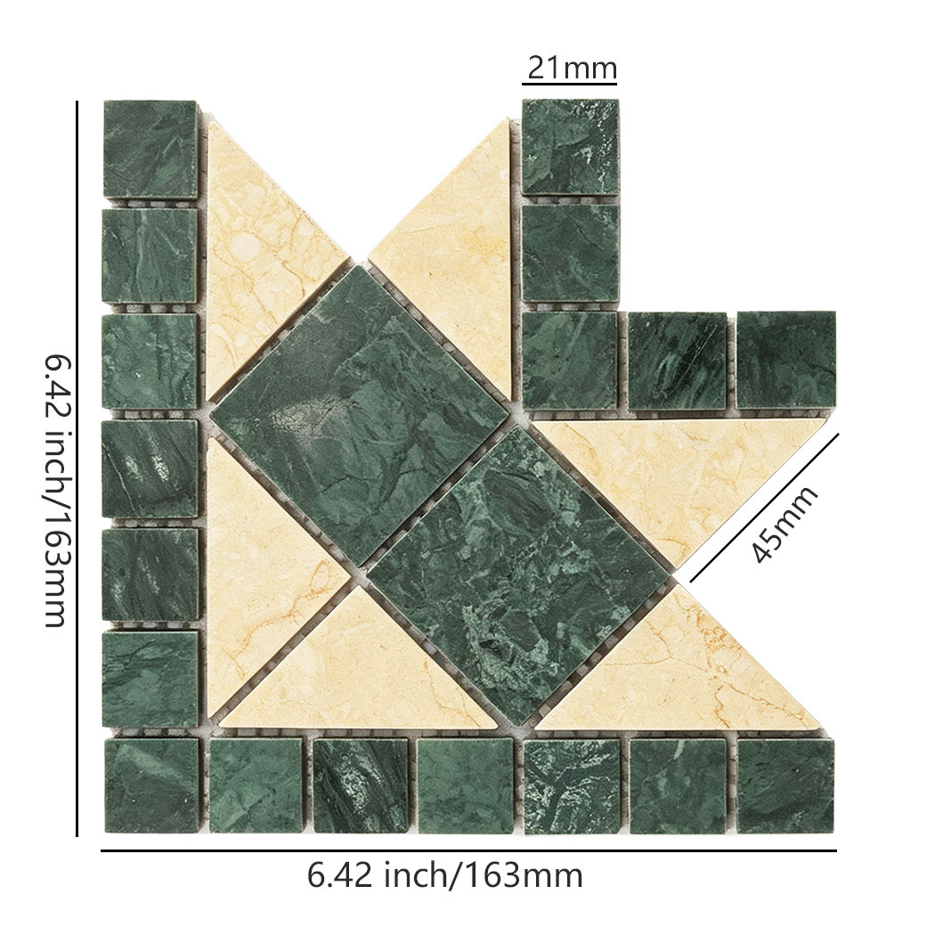 Green and cream marble geometric mosaic corner tile with size details