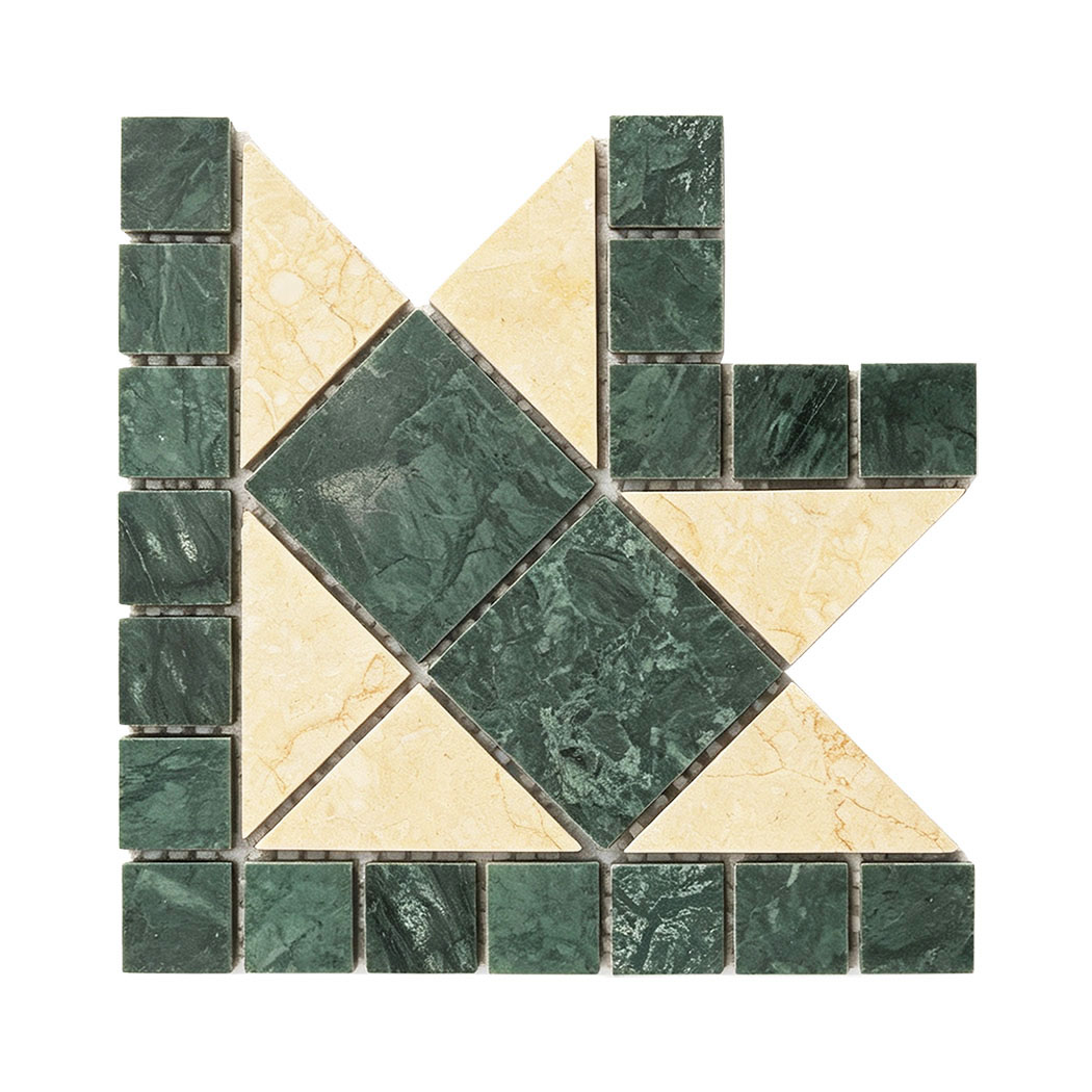 Green and cream marble geometric mosaic corner tile front view