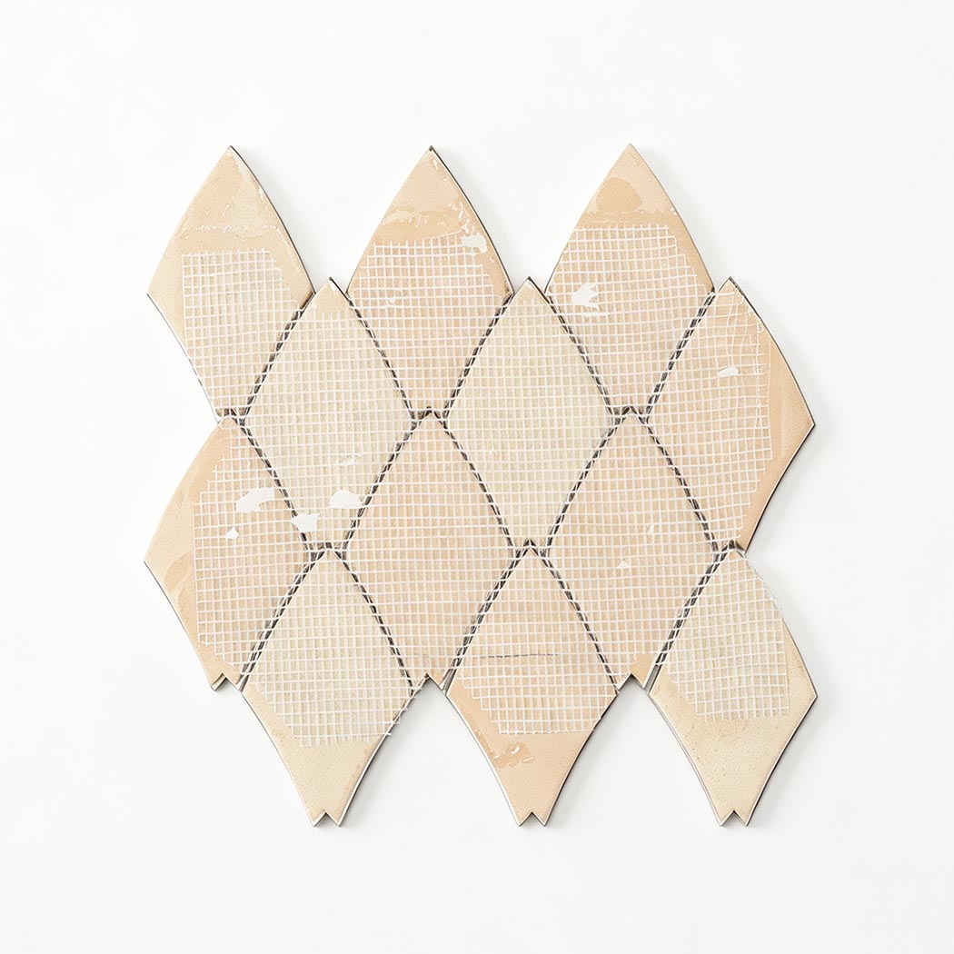 Back view of green gold feather aluminum mosaic tile sheet with mesh backing