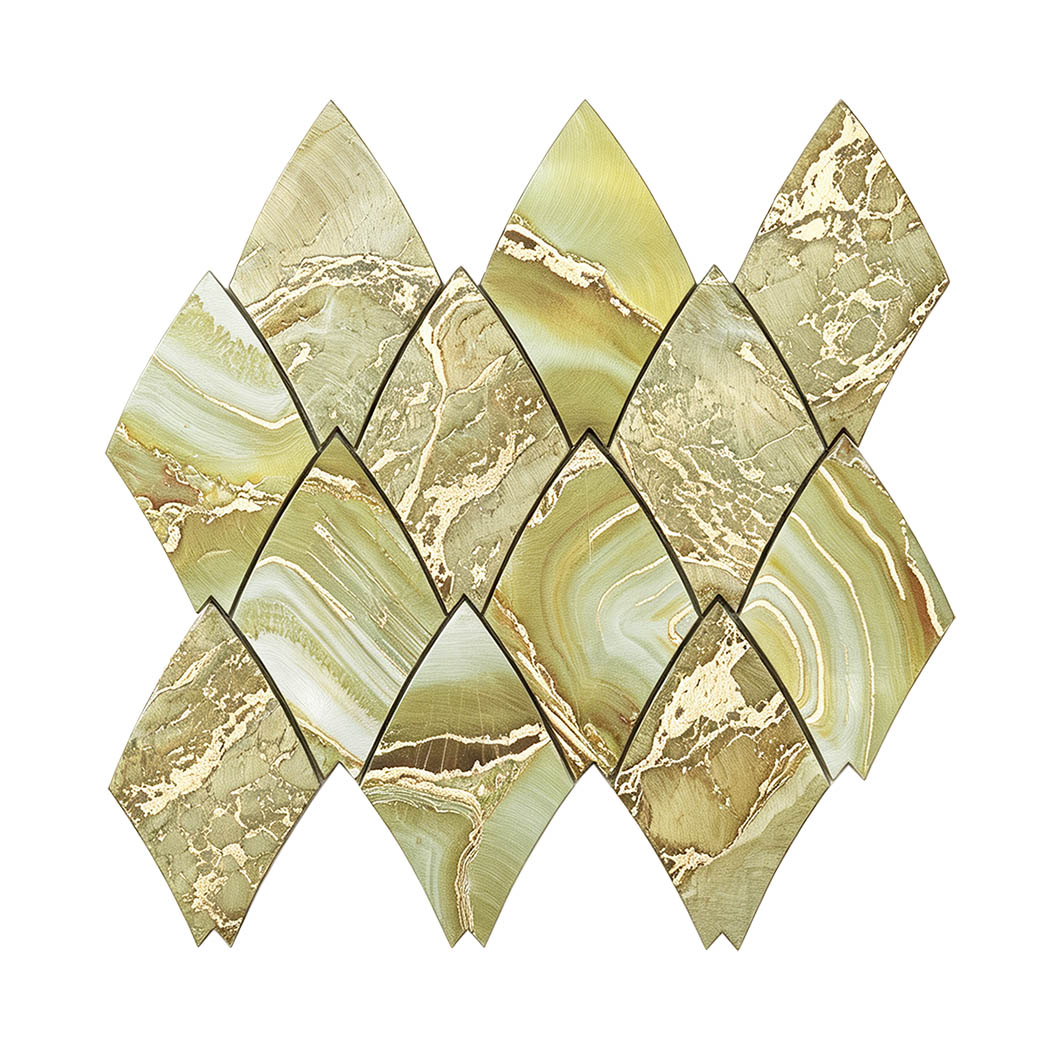 Green and gold marble look feather aluminum mosaic tile sheet on a white background