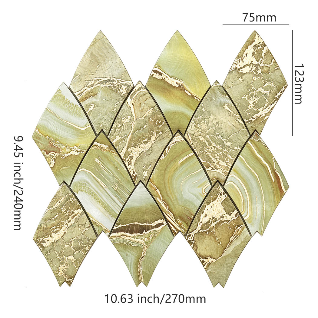 Green and gold marble look feather aluminum mosaic tile sheet with size details