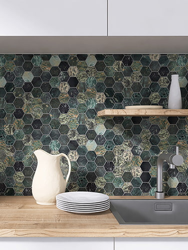 Modern kitchen with a green and black hexagonal tile backsplash