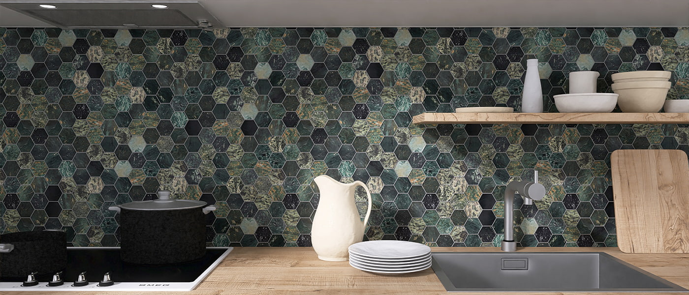 Vibrant green and black hexagonal tile backsplash, adding a pop of color to the kitchen 
