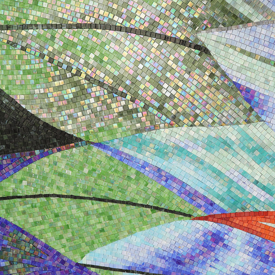 Green iridescent leaf glass mosaic mural with flowing handmade tile lines