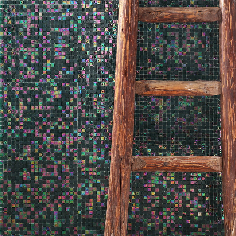 Close-up of green iridescent mosaic tiles with a color-shifting effect