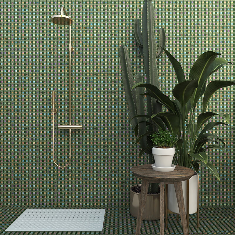 Vibrant green iridescent shower tiles creating a fresh, modern bathroom atmosphere