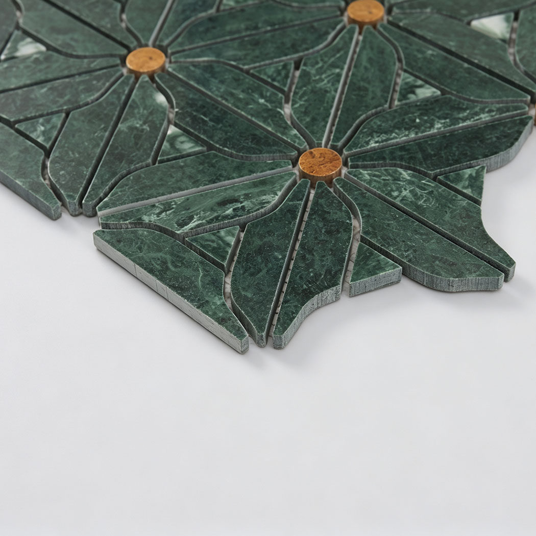 Side view of green marble floral mosaic tiles with golden circular accents