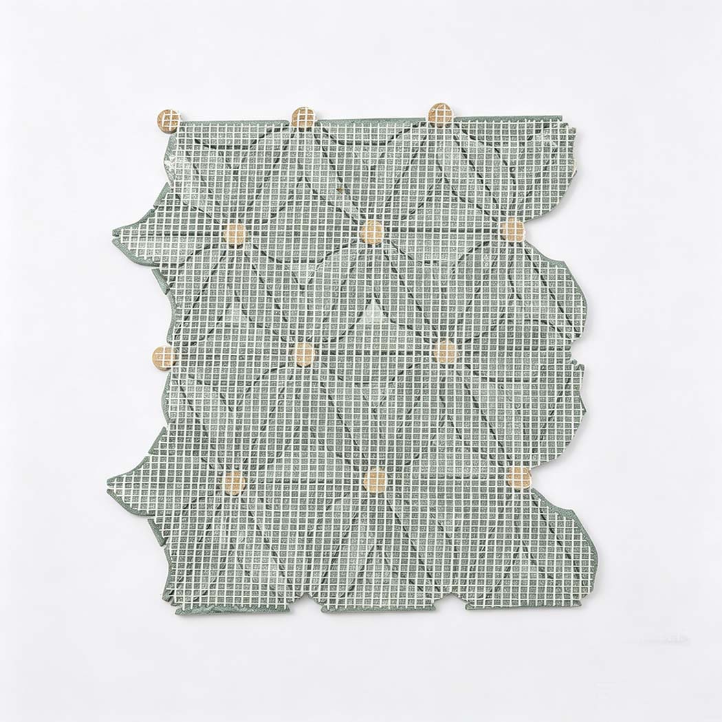 Mesh backing of green marble floral mosaic tile sheet with golden accents