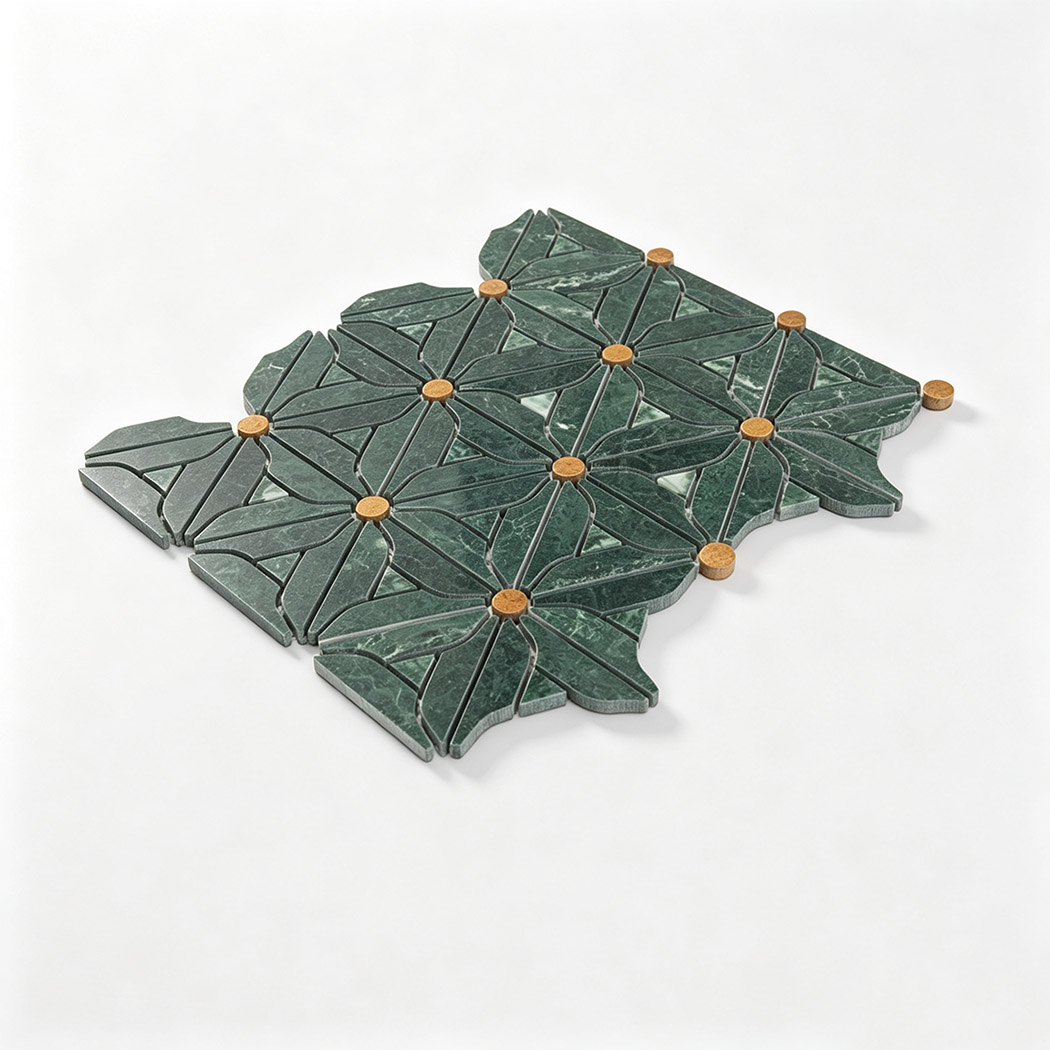Green marble floral mosaic tile sample with repeating flower pattern