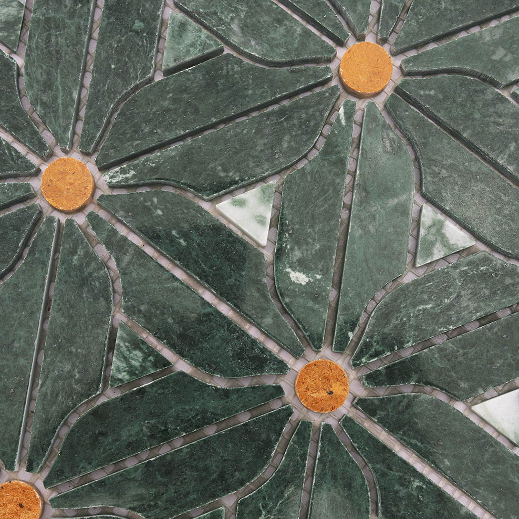 Green marble floral mosaic tile detail with natural veining and golden accents