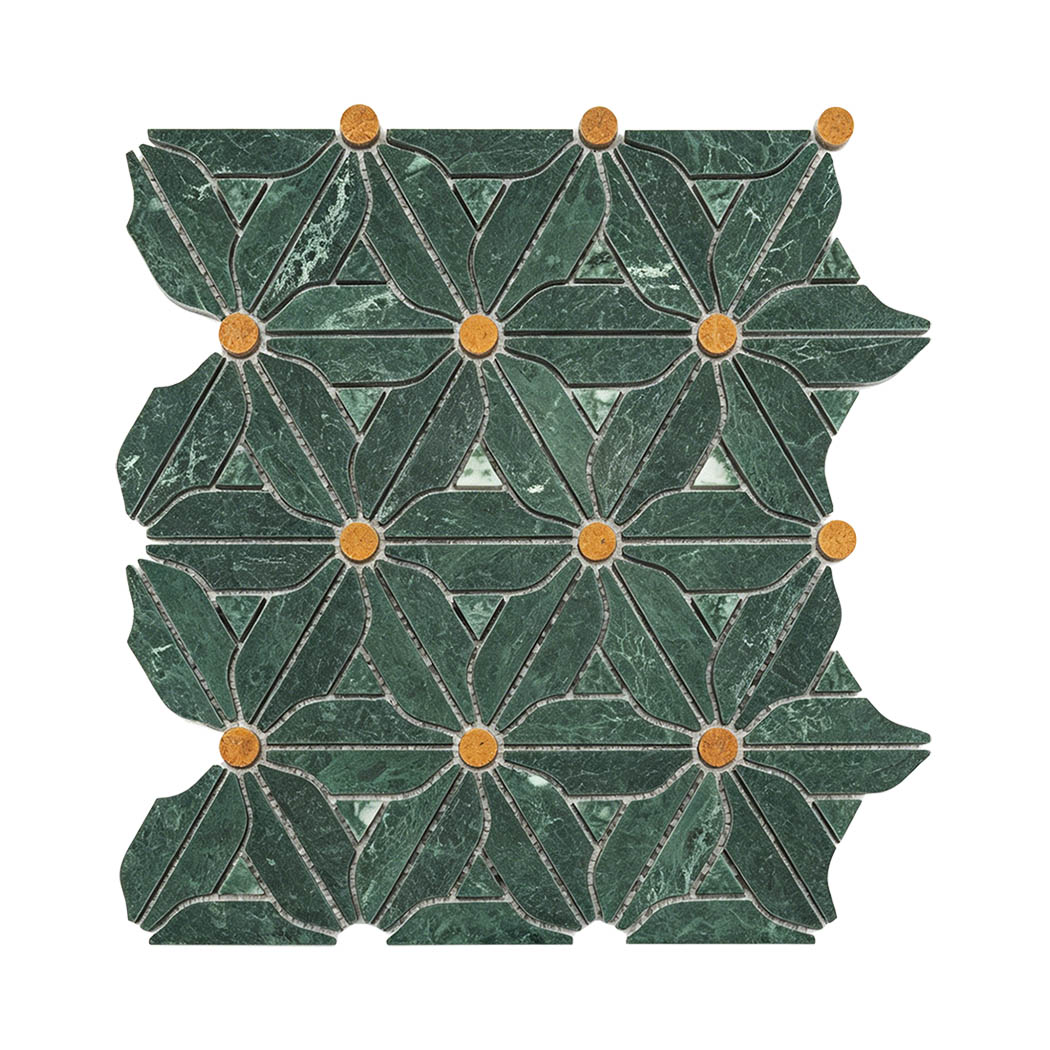 Green marble floral mosaic tile sheet with golden circular accents