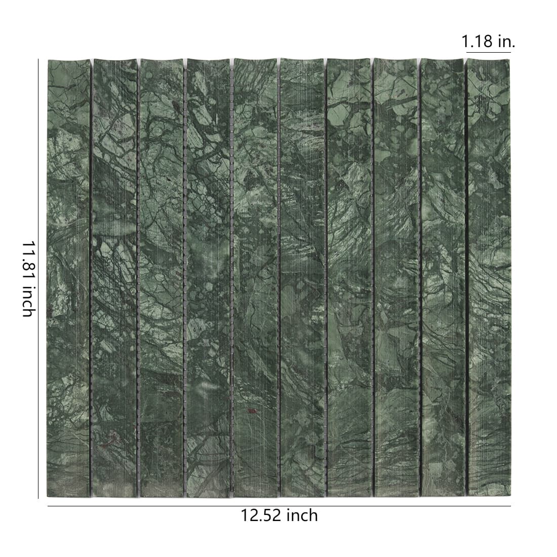 Green marble linear mosaic tile sheet with size measurements on white background