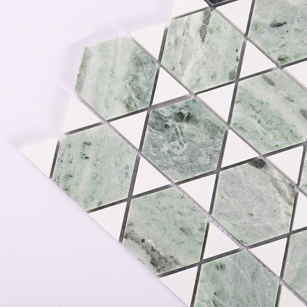 Close up showing green marble mosaic texture and triangular layout
